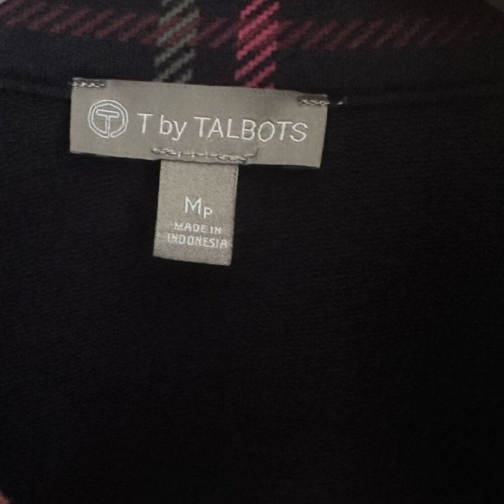 T by Talbots Navy Blue Tattersall Plaid Knit Zip Jacket Size Medium Petite - Picture 3 of 8